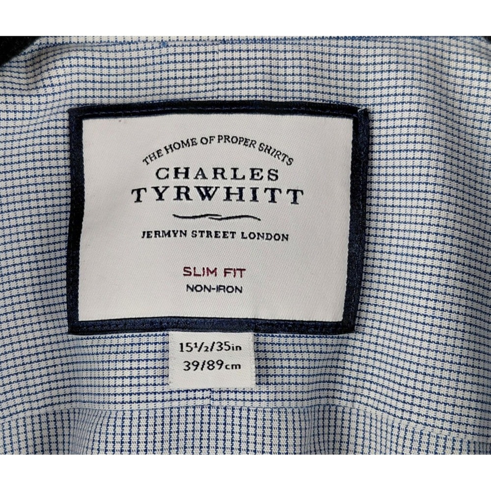 Charles Tyrwhitt‎ Mens Slim Fit Non-Iron Dress Shirt Blue Micro Check 15.5 35 - Picture 3 of 7